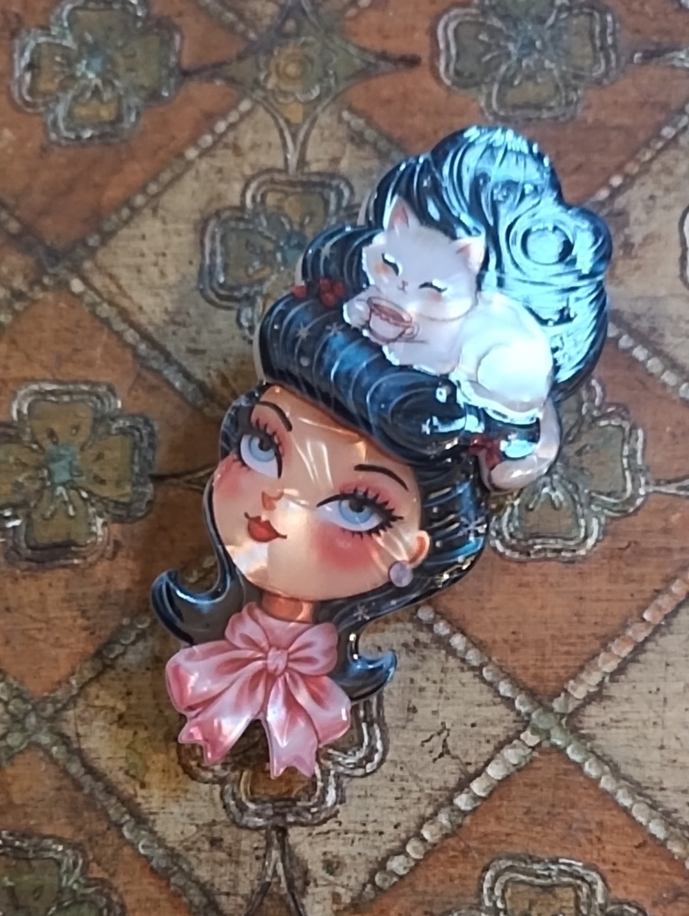 Vintage-Inspired Woman & Cat Enamel Brooch in Black and Pink